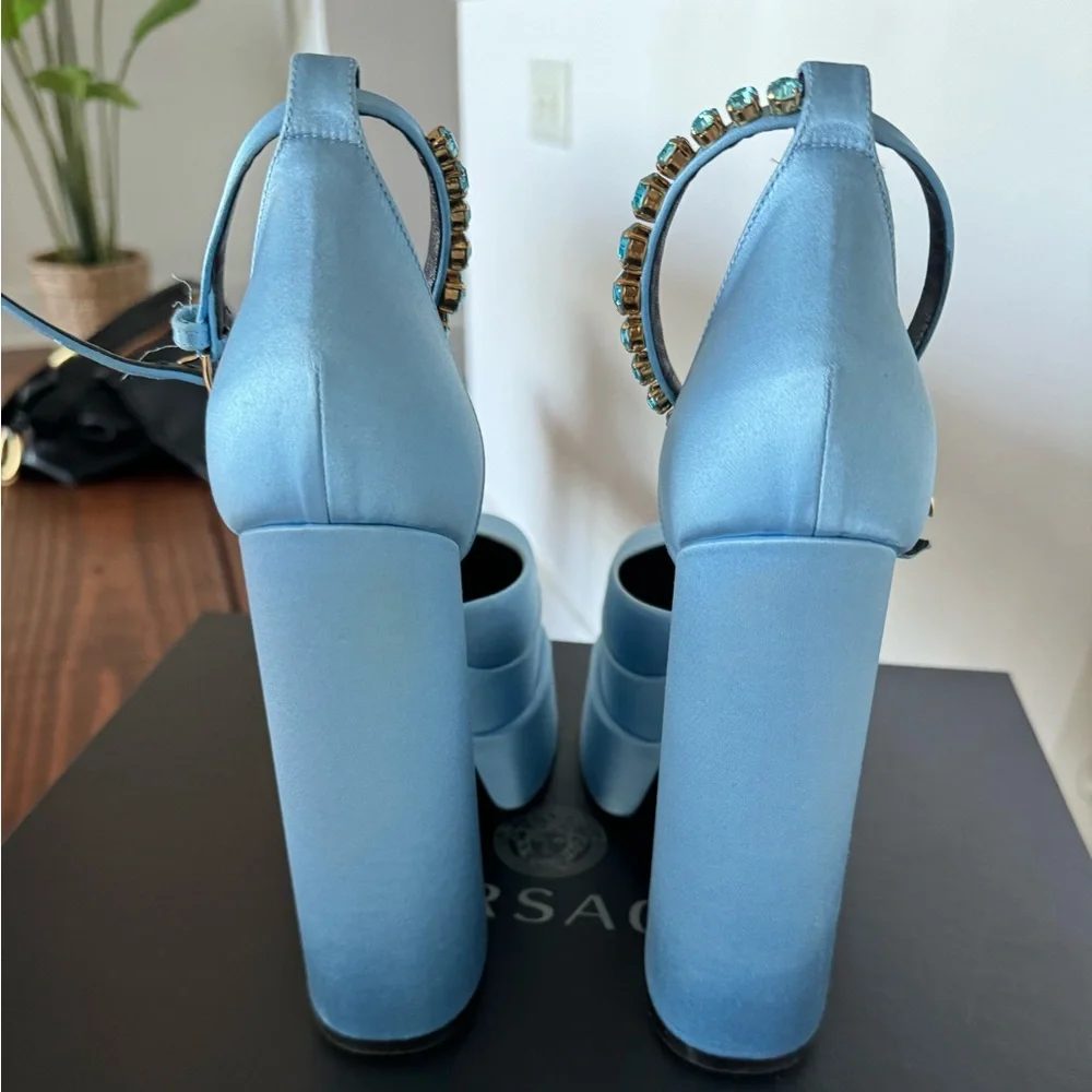 Versace Powder Blue Platform Ankle-Strap Pumps